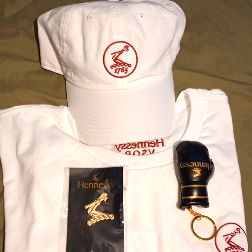 This is the Hennessy Swag Bundle, Hennessy Hat, Keychain, Lapel Pin, T-shirt NWT